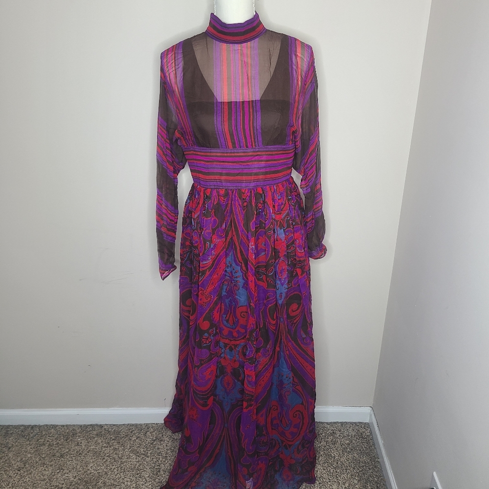 Vtg 60s Mollie Parnis Boutique‎ New York Silk Paisley Chiffon Pleated Maxi Dress
